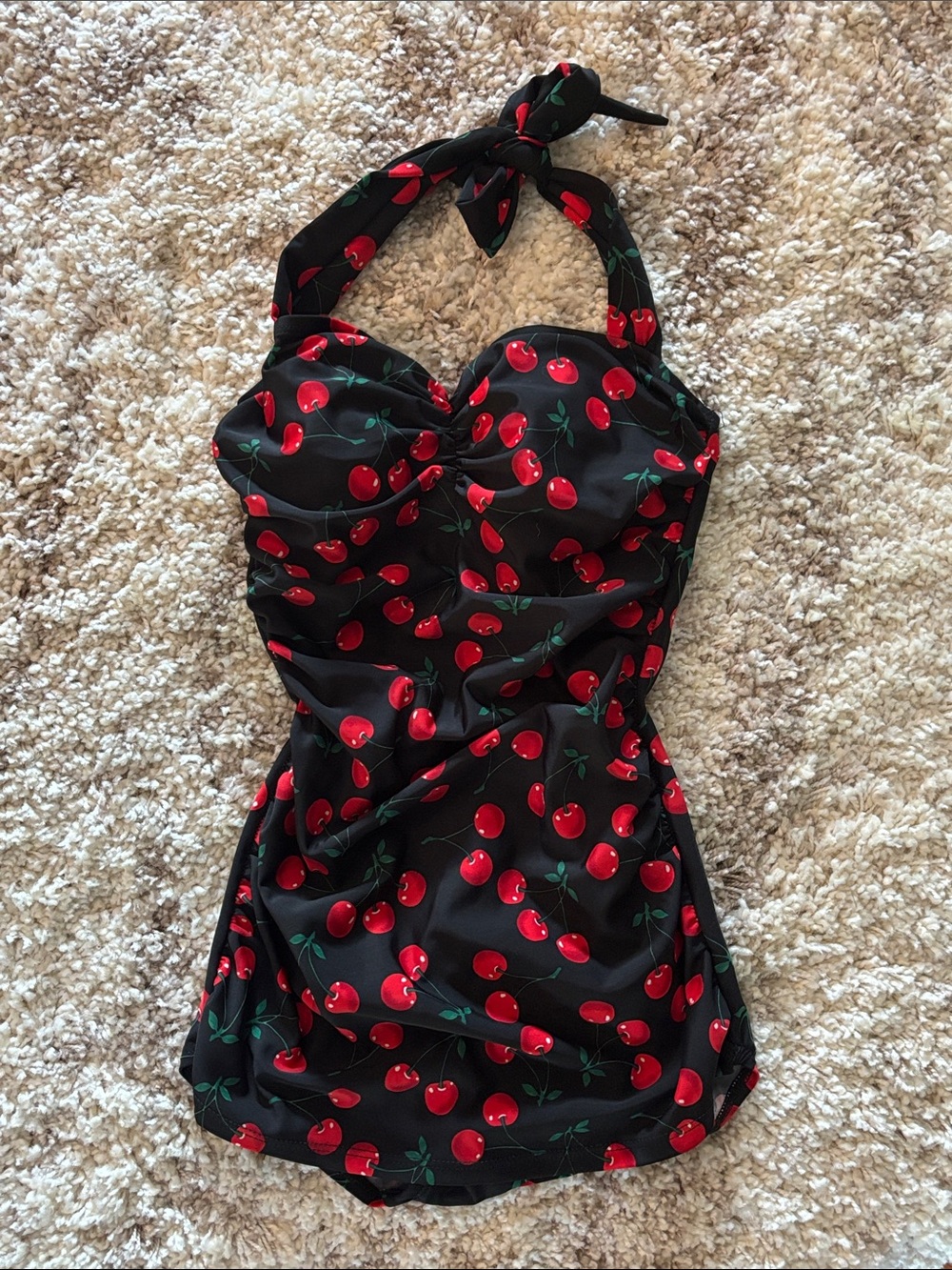 Retro Cherry Halter One-Piece Swimsuit - Black & Red